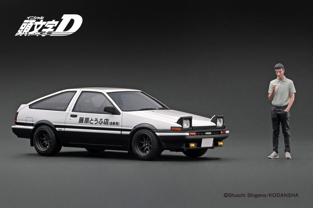 IG3659 INITIAL D Toyota Sprinter Trueno 3Dr  GT Apex(AE86) White/Black With Mr.Bunta Fujiwara --- PREORDER (delivery in Q1 2025)